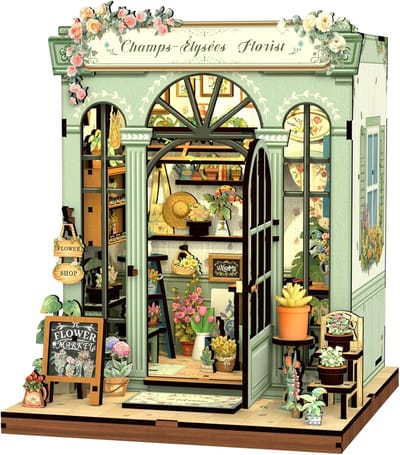 CuteBee CWCG201 Champs Élysées Florist Bloemen Book Nook Bouwpakket | Miniatuur theatrale huisjes pakket modelbouw voor volwassenen | Houten 3D Puzzel | Woonkamer decoratie boekensteun | Led lights verlichting ingebouwd | DIY boekenhouder collectie