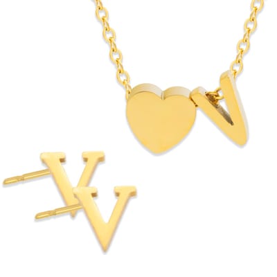 Initiaal Ketting & Oorbellen set met Letter V Goudkleurig - Stainless Steel - Met letter & Hartje! - 2x Sieraden Cadeau - Pax Amare