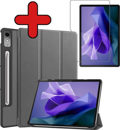Hoesje - Geschikt voor Lenovo Tab P12 - Met Screenprotector - Trifold Bookcase Hoes - Hard Cover Case - Met Uitsparing Geschikt voor Lenovo Pen - Hardcover Book - Tablethoes - Grijs