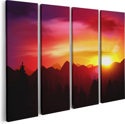 Artaza Canvas Schilderij Vierluik Zonsondergang In De Bergen - Abstract - 80x60 - Foto Op Canvas - Canvas Print