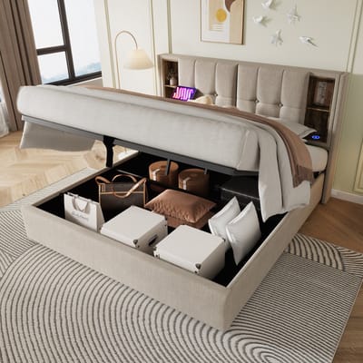 DESMIU Gestoffeerd Bed 160x200 cm – Draadloos Opladen En USB-C In Hoofdbord – Opklapbare Opbergruimte – Voor Tweepersoons Slaapkamer – Linnen – Natuurlijk – Zonder Matras