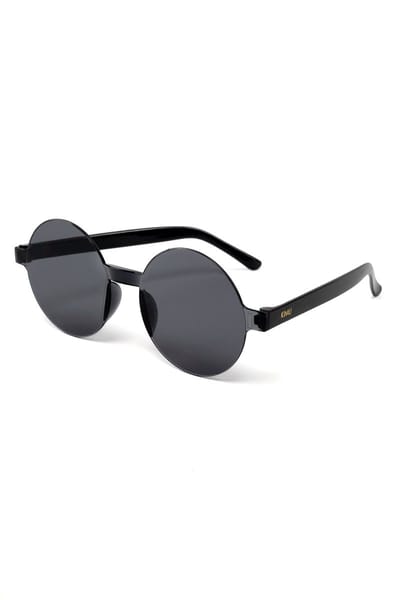 KIMU® Zonnebril Rond - Zonder Montuur - Zwarte Glazen - Dames Heren Retro Kunststof Vintage Designer Montuurloos Zwart Festival