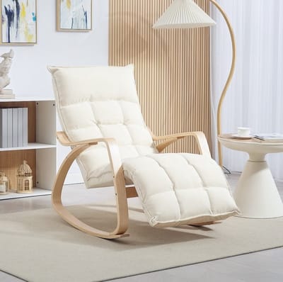 OKWISH Schommelstoel 67 x 123 x 92 Cm - Met 5-Standen Voetensteun En Verstelbare Rugleuning - Voor Woonkamer Of Slaapkamer - Polyester - Crèmewit