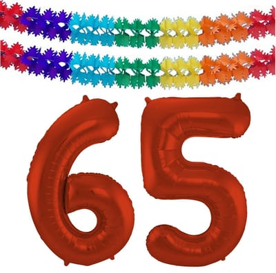 Folat Verjaardag Leeftijd folieballon - 65 jaar - rood - 86 cm - cijferballon groot - incl 2x feestslingers