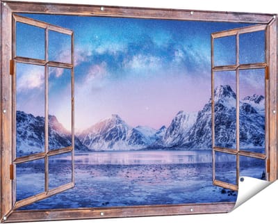 Gards Tuinposter Doorkijk Melkweg bij de Besneeuwde bergen - 150x100 cm - Tuindoek - Tuindecoratie - Wanddecoratie buiten - Tuinschilderij
