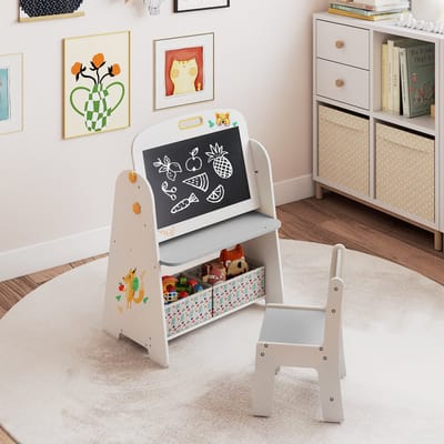 COSTWAY Kinderezel met stoel, kinderbord met boekenplank, magnetisch krijtbord en wit bord, dubbelzijdig speelbord met stoffen kist, schoolbord om te tekenen, lezen en schrijven (grijs)