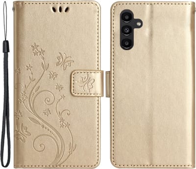 Coverup Hoesje - Geschikt voor Samsung Galaxy A54 Hoesje - Coverup Bloemen & Vlinders Book Case - Goud