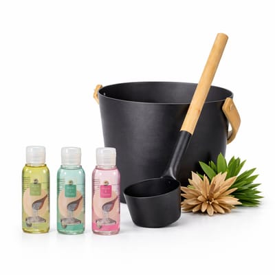 Arowell Sauna Emmer met Opgietlepel & 3 Sauna Geuren Warm & Tender – 7 Liter – Aluminium & Bamboe – Dennen, Alpenkruiden en Jasmijn