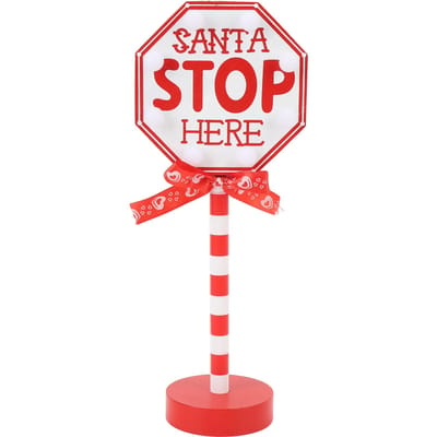 Kerstman Stop Hier Paalbord Houten Kerst Desktop Decoratie met LED Warm Licht Cadeau white