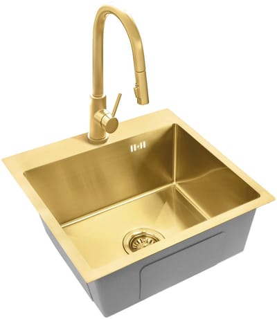 Rea Leo 50 Keukenspoelbak Geborsteld Goud 50X45X18,5Cm + Keukenmengkraan Fresh Geborsteld Goud
