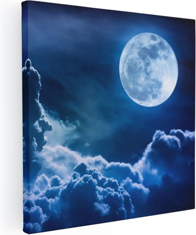 Artaza Canvas Schilderij Volle Maan - 30x30 cm - Klein - Wanddecoratie Sterrenhemel - Schilderijen Op Canvas Natuur - Kamer Accessoires Blauw