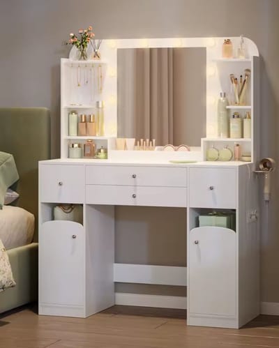 JHA Kaptafel met Spiegel en LED Verlichting – Moderne Make-up Tafel met Laden, Opbergruimte & Stopcontact – Witte Schminktisch 108 cm