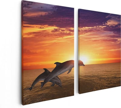 Artaza Canvas Schilderij Tweeluik Twee Dolfijnen bij de Zonsondergang - 80x60 - Foto Op Canvas - Canvas Print
