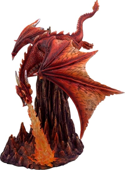 Beeld - Draak op Rots & Vuur - Roodoranje - Fantasy Homedeco - 33x34cm