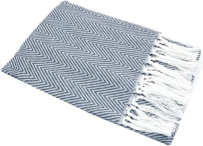 Dailygoods - Set van 2 Katoenen Theedoeken met Golvende Strepen en Kwastje - Blauw