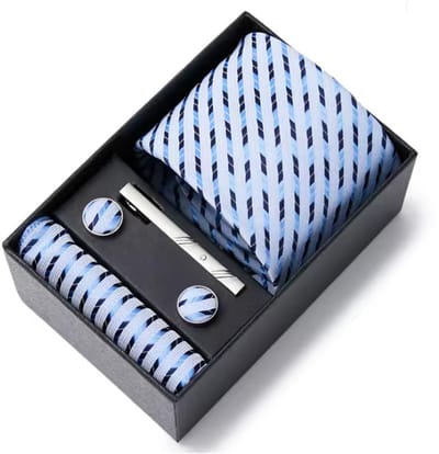 Actie4you® - Luxe Stropdas - Stropdas Set met Manchetknopen en Pochet en Dasspeld – Met Geschenkdoos – 4 Delig – Stropdas Set – Blauw lijnen