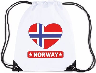 Noorwegen thema sporttas - nylon rijgkoord rugzak - wit met hartjes vlag print - supporters - 11 liter - 45 x 34 cm