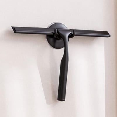 Famanu - RVS raamtrekker met sterke zuighaak voor badkamer, keuken, spiegel, auto- en glasreiniging, 25 cm, zwart