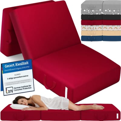 ELONEO Opvouwbaar Matras - 3-Delig Vouwmatras, Extra Dik 15 cm Schuim, Wasbaar en Draagbaar Logeermatras voor Volwassenen, Eenpersoonsbed (Rood, 90 x 200 x 15 cm)