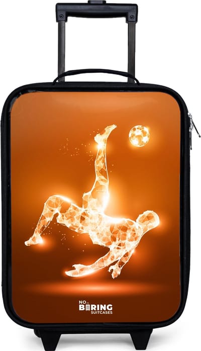 NoBoringSuitcases.com® - Kinderkoffer jongen - Kindertrolley meisje - Oranje lichtvoetballer in zweefmoment - Koffer kind lichtgewicht - Reiskoffer trolley voor kinderen - Koffertje met lichtgevende wieltjes - Rolkoffer zwart