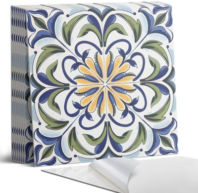 Coloray Plaktegels - Plantenpatroon met bloemen Portugese Tegels - 30 cm x 30 cm - Blauw Plaktegels - 9 stuks - Vierkant PVC Tegels - Plaktegels Keuken - Zelfklevende Vloertegels - Vinyltegels Vloer Zelfklevend - Zelfklevende Tegels