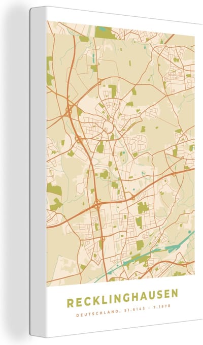 Canvas Schilderij Plattegrond - Recklinghausen - Kaart - Stadskaart - Vintage - 20x30 cm - Wanddecoratie