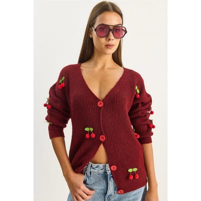 V-hals Fruit Geborduurde Breisel Cardigan