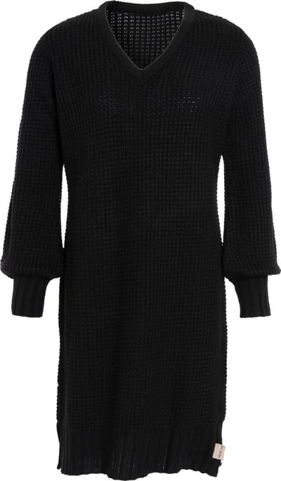 Knit Factory Robin Dames Jurk - Gebreide Trui Jurk - Wollen jurk - Herfst- & winterjurk - Wijde jurk - V-hals - Zwart - 36/38 - Knielengte