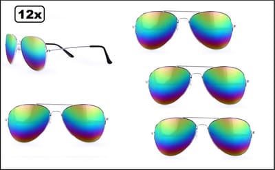 12x Piloten / politie bril regenboog spiegelglas - Themafeest piloot politie bril spiegel glas