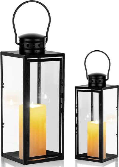 Set van 2 Metalen Lantaarns voor Buiten, 24 + 35 cm Hoog, Grote Lantaarns voor Grafdecoratie en Kerstversiering, Hangende Lantaarns met Glas