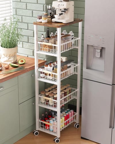 Opbergwagen, Keukenwagen met 5 Planken, Dienwagen met Uittrekbare Manden, Rolwagen voor Keuken, Badkamer, Kantoor, Wt