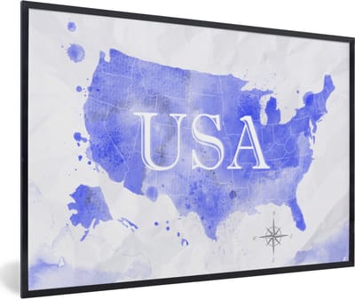 Poster in lijst - Fotolijst 90x60 cm - Posters - Verenigde Staten - Blauw - Wereldkaart - Posterlijst zwart - Decoratie - Wanddecoratie woonkamer - Muurdecoratie slaapkamer