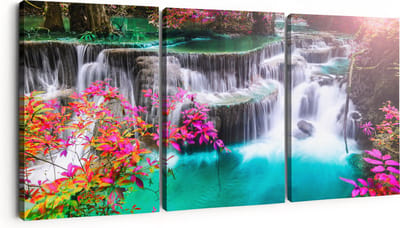 Artaza Canvas Schilderij Drieluik Waterval In De Herfst Met Kleurrijke Bloemen - 180x80 - Groot - Foto Op Canvas - Canvas Print