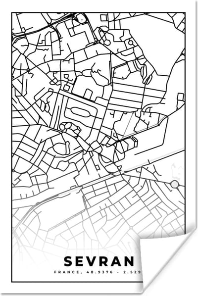 Poster Kaart - Sevran - Frankrijk - Stadskaart - Plattegrond - Zwart wit - 120x180 cm XXL