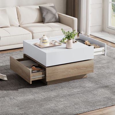 Woonkamer salontafel 60x60x38 cm - 360° draaibaar - met twee lagen platen en opbergruimte - bijzettafel - houtkleur en wit