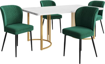 Gotagee Eetset Eettafel met 4 stoelen Donkergroen Fluweel Eetkamerstoel Gestoffeerde stoel Keukentafel set MDF tafelblad in wit Gouden tafelpoten