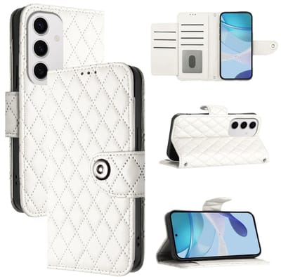 Voor Samsung Galaxy S24 FE 5G Rhombic Texture Flip Leather Telefoonhoesje met polskoord (Wit)