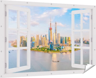 Gards Tuinposter Doorkijk Skyline Shanghai Stad in China - 180x120 cm - Tuindoek - Tuindecoratie - Wanddecoratie buiten - Tuinschilderij