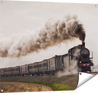 Gards Tuinposter Locomotief Trein met Rook Wolken - 100x80 cm - Tuindoek - Tuindecoratie - Wanddecoratie buiten - Tuinschilderij