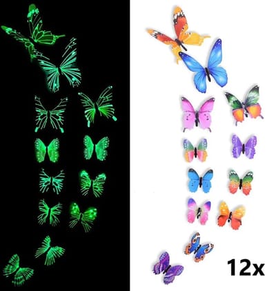 Set van 12 3D Glow In Dark Muurdecoratie Vlinders I Muurvlinders I Opklapbare Muurstickers I Fluorescerend I Multicolor I Magische Kinderkamerdecoratie!