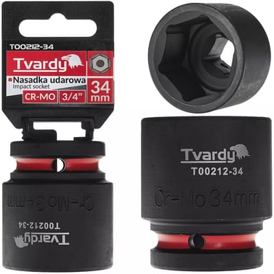 Tvardy Slagdop zeskant kort - chroom-molybdeenstaal - dopmaat 34 mm, aandrijfvierkant 19 mm - zwart - voor slagmoersleutel en zware montage in werkplaats en industrie