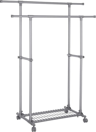 MIRA Home Kledingrek op Wieltjes met 2 Stangen - Dubbel Garderoberek - 87x52x166 cm - Zilver