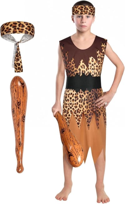 Wild Cave Outfit voor Kinderen met Steentijd Thema - Halloween Kostuum met Luipaardprint, Hoofddoek en Opblaasbare Stok