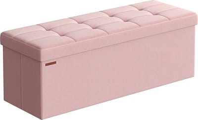 Roze Ottomaanse opbergbank - MDF gestoffeerde zitting - linnen afwerking - schuim met hoge veerkracht - 38 cm x 110 cm x 38 cm - capaciteit 300 kg
