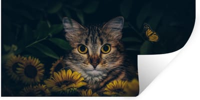 Muurstickers - Sticker Folie - Kat - Geel - Bloemen - Botanisch - 40x20 cm - Plakfolie - Muurstickers Kinderkamer - Zelfklevend Behang - Zelfklevend behangpapier - Stickerfolie