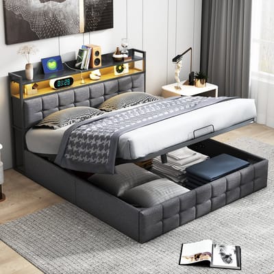 Tweepersoonsbed 160x200 cm met LED-verlichting, USB-poorten en Opbergruimte – Gestoffeerd Opbergbed met Lattenbodem