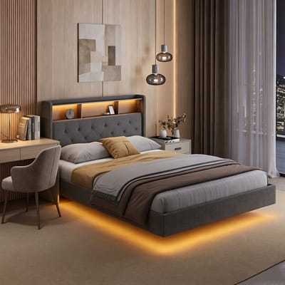 Bealife AF19 Bedframe - 140×200 cm – Gestoffeerd Tweepersoonsbed met LED-verlichting, stopcontacten, USB & Type-C Poorten en Opbergruimte – Zwevend design – Hoofdbord en lattenbodem – Donkergrijs