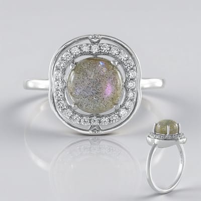 Cavill - 925 Sterling Zilver ring - Geplatineerd Zilver - Roze Labradoriet 8mm (2,076 ct) - 24 Zirkonia - Elegante ovale cabochon