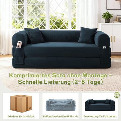 Vloerbank met Slaapfunctie 210 x 75 x 60 cm – 3-Zits Modulaire Uitklapbare Slaapbank met 2 Kussens, Boneless Design, Fluweel Donkerblauw – 8025 – Abkantoor
