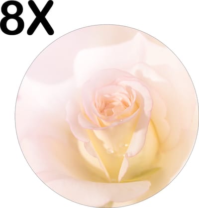 Luxe Ronde Placemat - Witte Roos met Roze Gloed - Set van 8 Placemats - 50x50 cm - 2 mm dik Vinyl - Anti Slip - Afneembaar